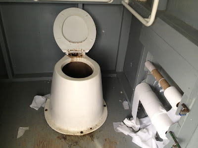Outhouse with several rolls of unraveled toilet paper and excrement everywhere
