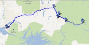 A map with several pinpoints representing the trip starting in Anchorage