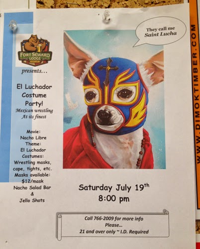 Image of a poster with a chihuahua wearing a superhero costume saying, "They call me Saint Lucha"