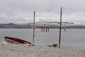 Image of small boat on shore with four small fish hanging on a wooden post nearby